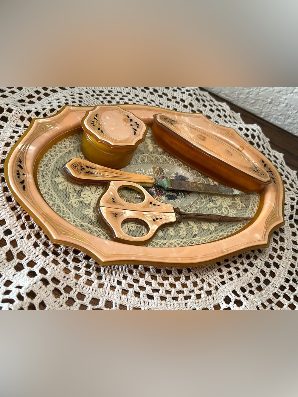 Vintage Pyramid Art Deco Celluloid Vanity Set 5 Pc Peach Amber 1920s 1930s